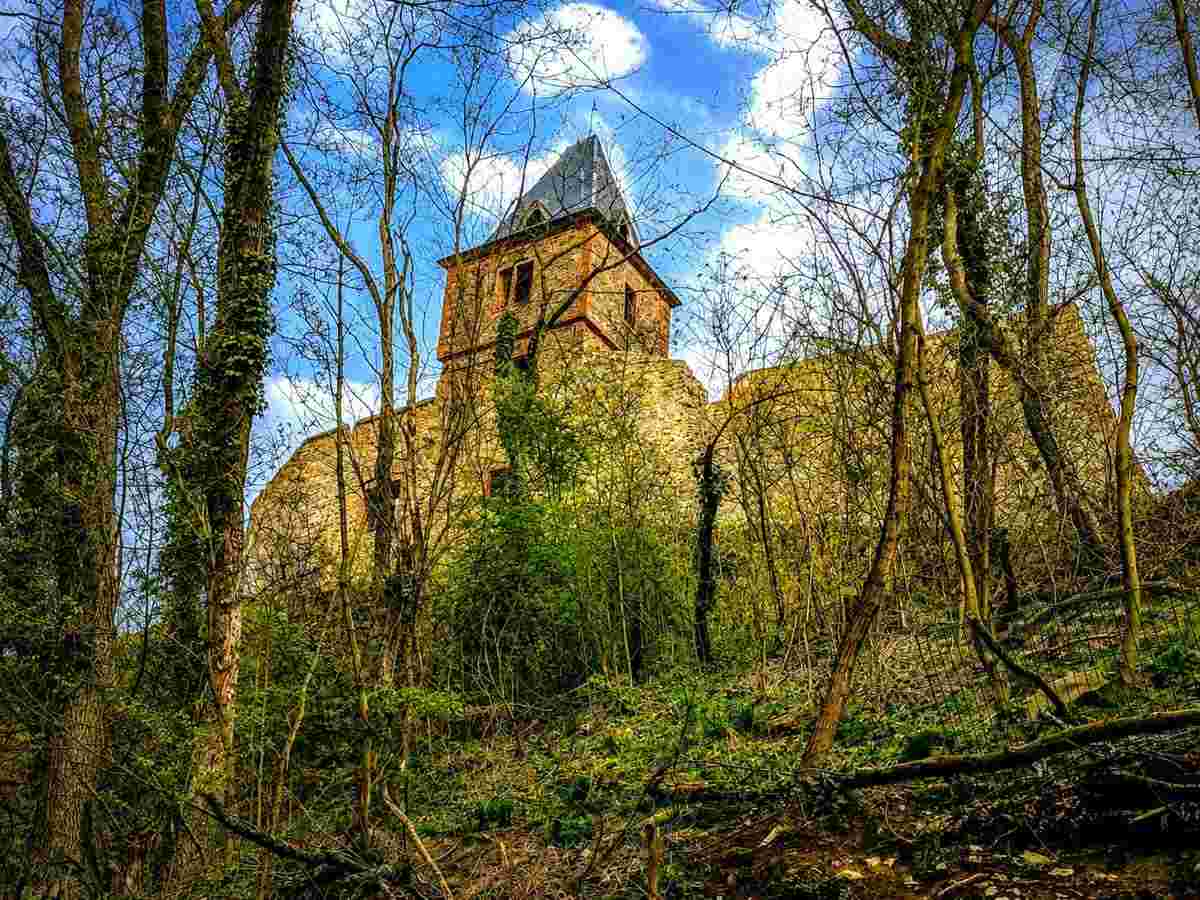 Malerische Ruine der Burg Frankenstein inmitten des Waldes Malerische Ruine der Burg Frankenstein inmitten des Waldes